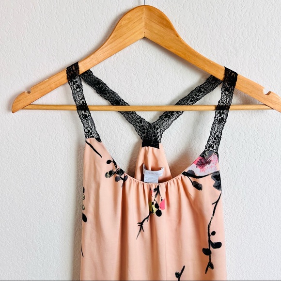 Blush Pink Watercolor Floral Silk Lace Strap Tank Dress - Picture 3 of 10